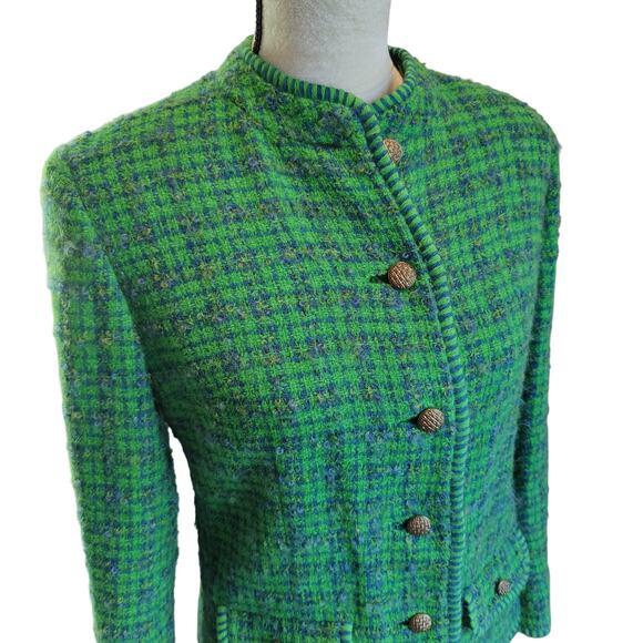 Vintage Women's Green Tweed Plaid Blazer Jacket Brass Buttons Collarless - Picture 3 of 9